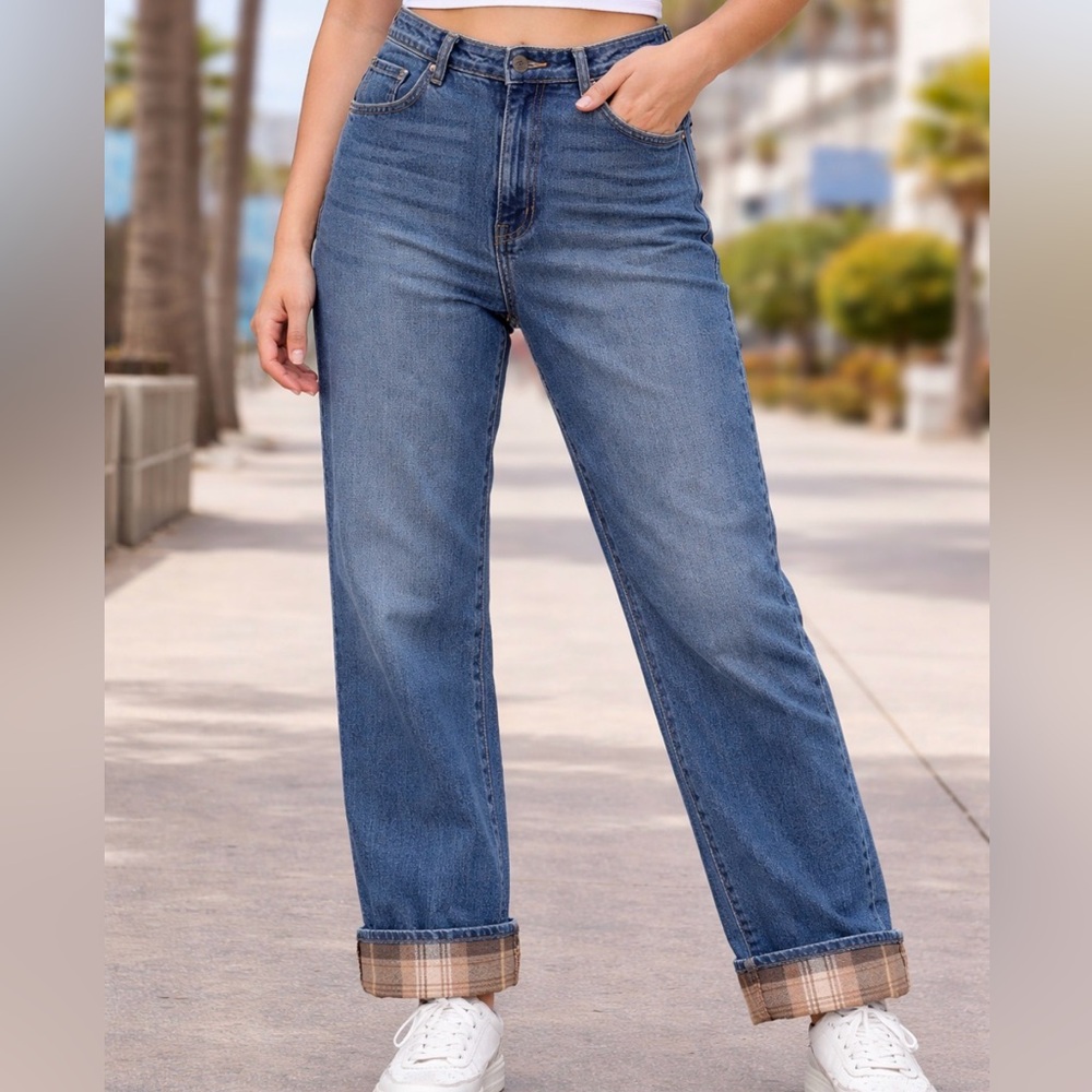 Hollister Women’s Ultra High-Rise Dad Jean Plaid Cuff Jeans Vintage Plus Size